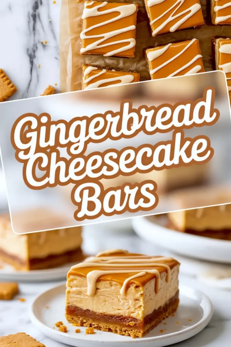 Vertical collage featuring gingerbread cheesecake bars with white chocolate drizzle, including a top view of cut bars on parchment and a close-up slice on a white plate, overlaid with the text “Gingerbread Cheesecake Bars.”
