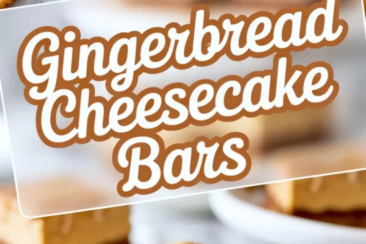 Vertical collage featuring gingerbread cheesecake bars with white chocolate drizzle, including a top view of cut bars on parchment and a close-up slice on a white plate, overlaid with the text “Gingerbread Cheesecake Bars.”