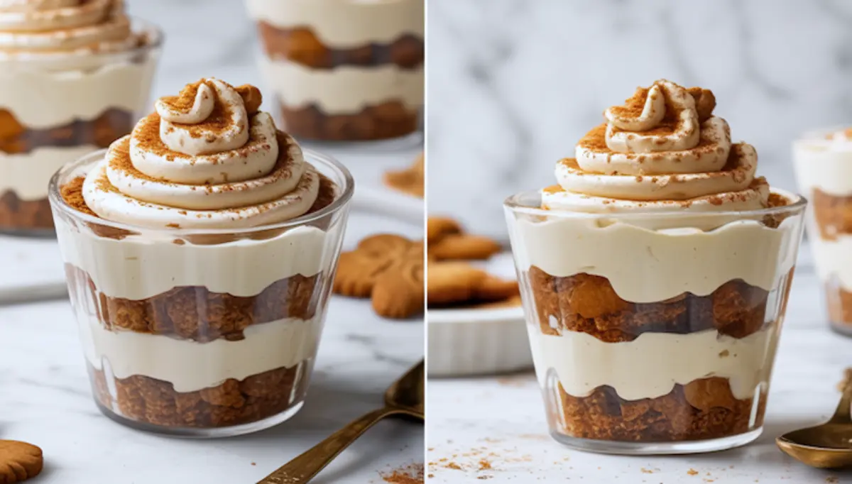 Side-by-side close-ups of individual gingerbread cheesecake parfaits layered with spiced whipped cream and crushed cookies in clear glass cups, topped with swirls of piped cream and sprinkled cinnamon.
