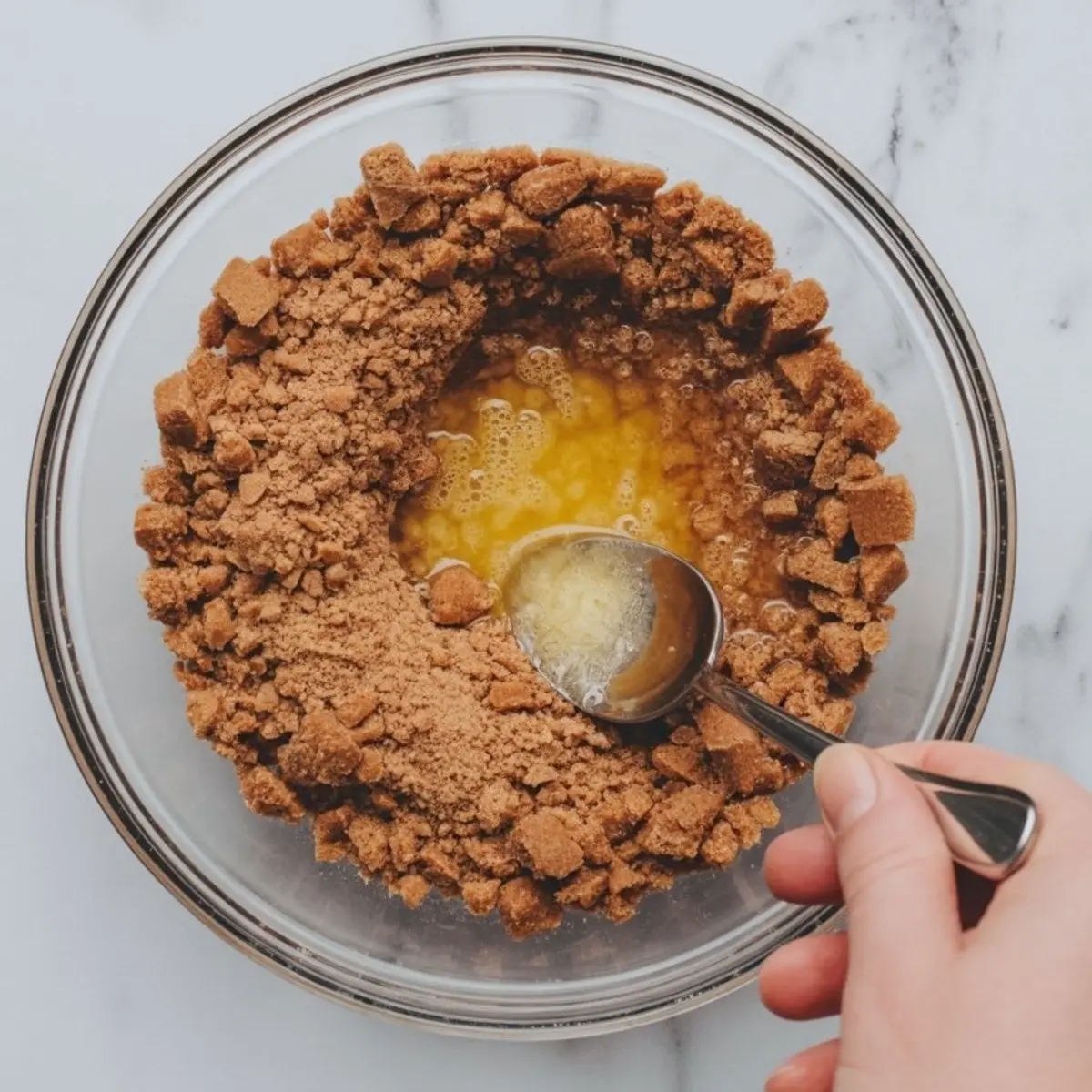 Crushed gingersnap cookies surround melted butter in a glass bowl as a spoon stirs the crust mixture, showing a classic step for assembling cheesecake or parfait bases.
