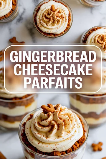 Top and bottom layout featuring gingerbread cheesecake parfaits in clear cups layered with cookie crumbles and creamy filling, text overlay reads “GINGERBREAD CHEESECAKE PARFAITS,” with overhead views on top and close-ups on the bottom.