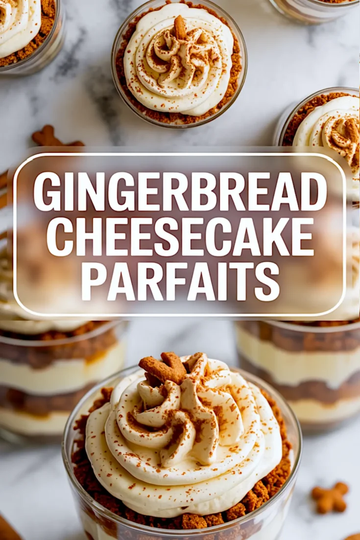 Top and bottom layout featuring gingerbread cheesecake parfaits in clear cups layered with cookie crumbles and creamy filling, text overlay reads “GINGERBREAD CHEESECAKE PARFAITS,” with overhead views on top and close-ups on the bottom.