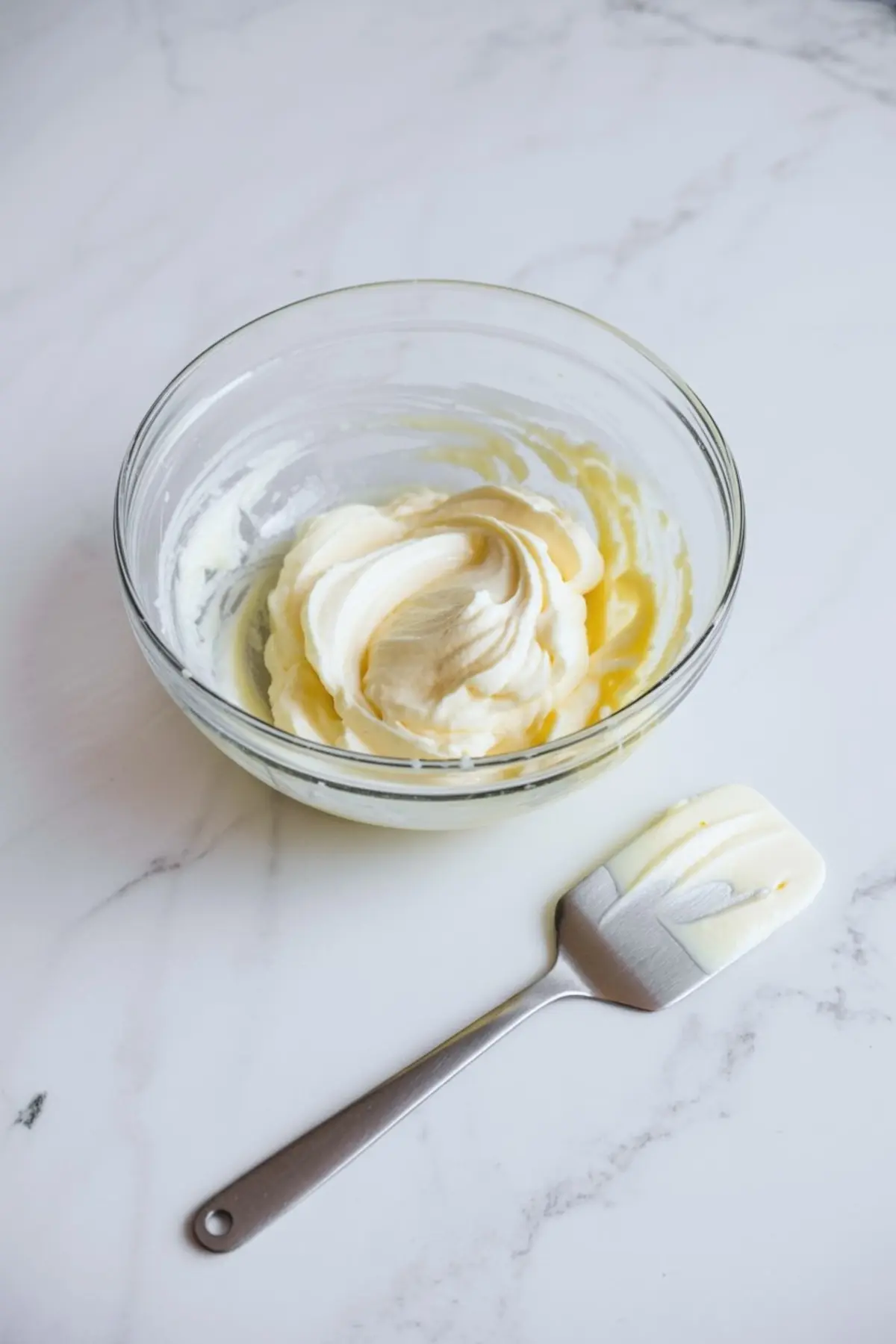 A clear bowl contains partially mixed whipped cream and golden cream cheese mixture, with a metal spatula resting beside it on a white countertop, illustrating a step in making creamy no-bake desserts.
