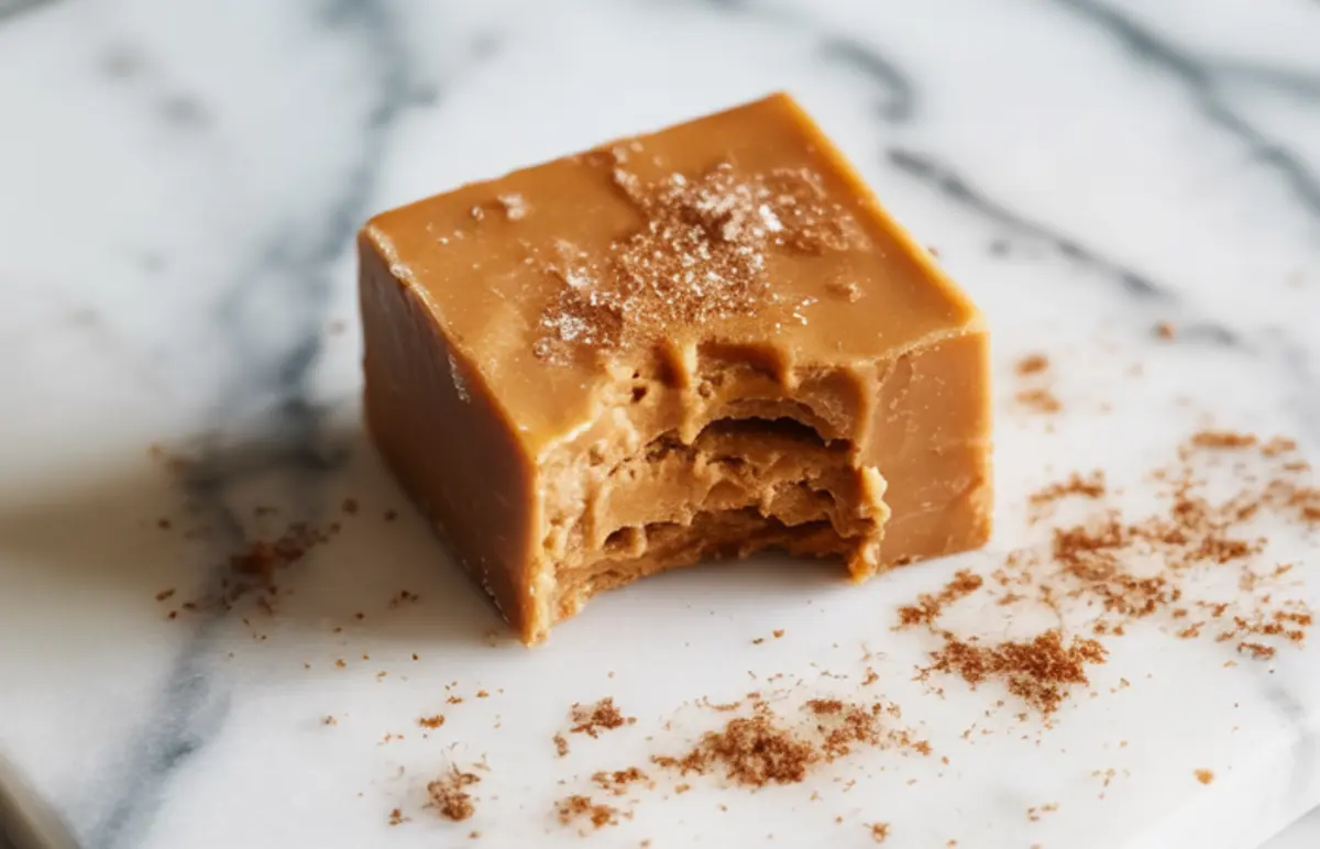 Close-up of a single gingerbread fudge piece with a bite taken out, revealing a creamy, layered interior, dusted lightly with cinnamon and placed on a marble surface.