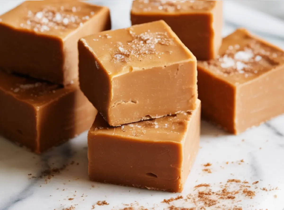 Group of thick gingerbread fudge cubes stacked on marble, sprinkled with cinnamon sugar for garnish and showcasing a smooth, dense texture.
