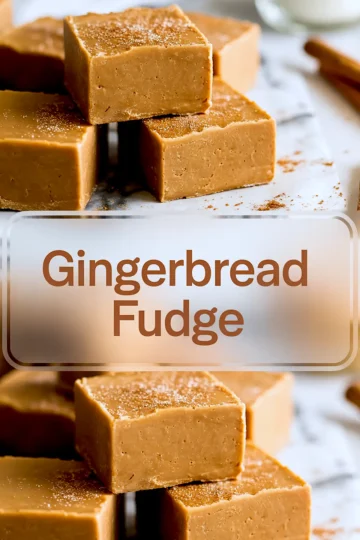 1:2 collage featuring stacked gingerbread fudge cubes with a rich, golden tone and a cinnamon sugar finish, styled on parchment and marble; centered text reads “Gingerbread Fudge” in modern font.