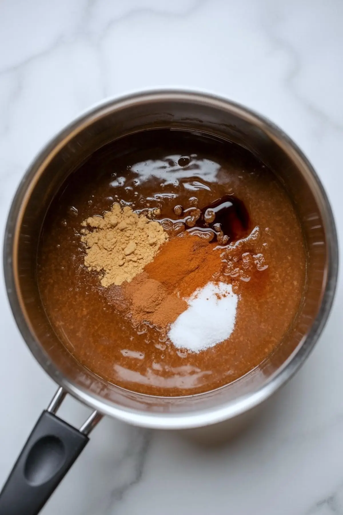 Top view of a saucepan filled with gingerbread fudge mixture, showcasing raw ingredients like ground ginger, cinnamon, nutmeg, vanilla extract, and sugar on a marble countertop.