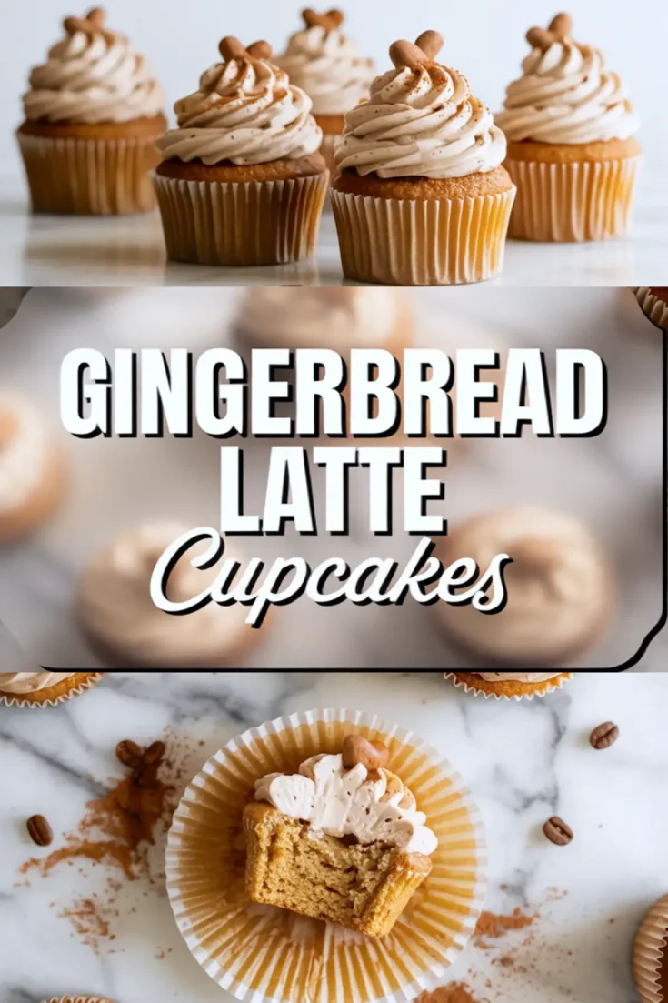 A vertical collage featuring frosted gingerbread cupcakes topped with mini cookies on the top and a cut-open cupcake at the bottom, with bold center text stating “Gingerbread Latte Cupcakes.”
