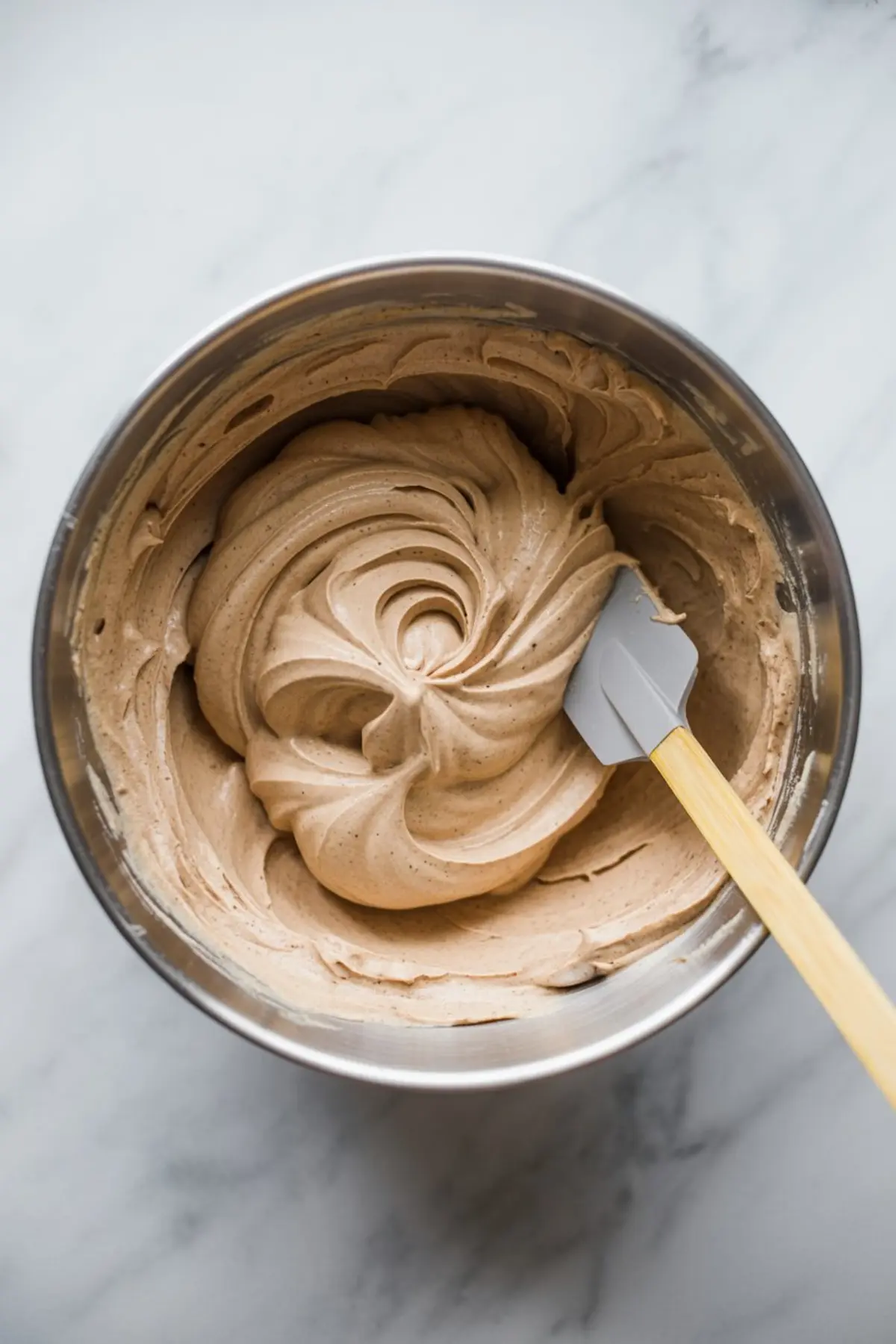A stainless steel bowl of whipped gingerbread cupcake batter with visible cinnamon specks, swirled smooth with a spatula resting on the side.
