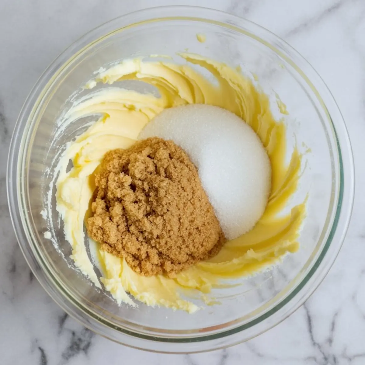 A glass mixing bowl on a marble surface filled with creamed butter, granulated sugar, and brown sugar, ready to be mixed for a dessert batter.
