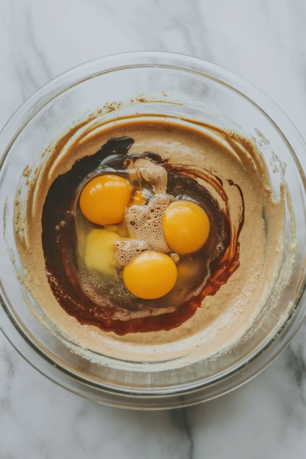 A mixing bowl filled with thick batter, raw eggs, and vanilla extract, showing the next step in a gingerbread cupcake recipe preparation.
