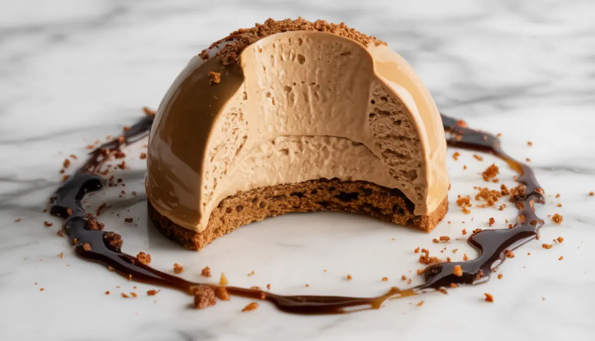 Cross-section of a gingerbread mousse dome with a glossy glaze, set on a cookie base and surrounded by a swirl of chocolate sauce and crushed cookie crumbs.
