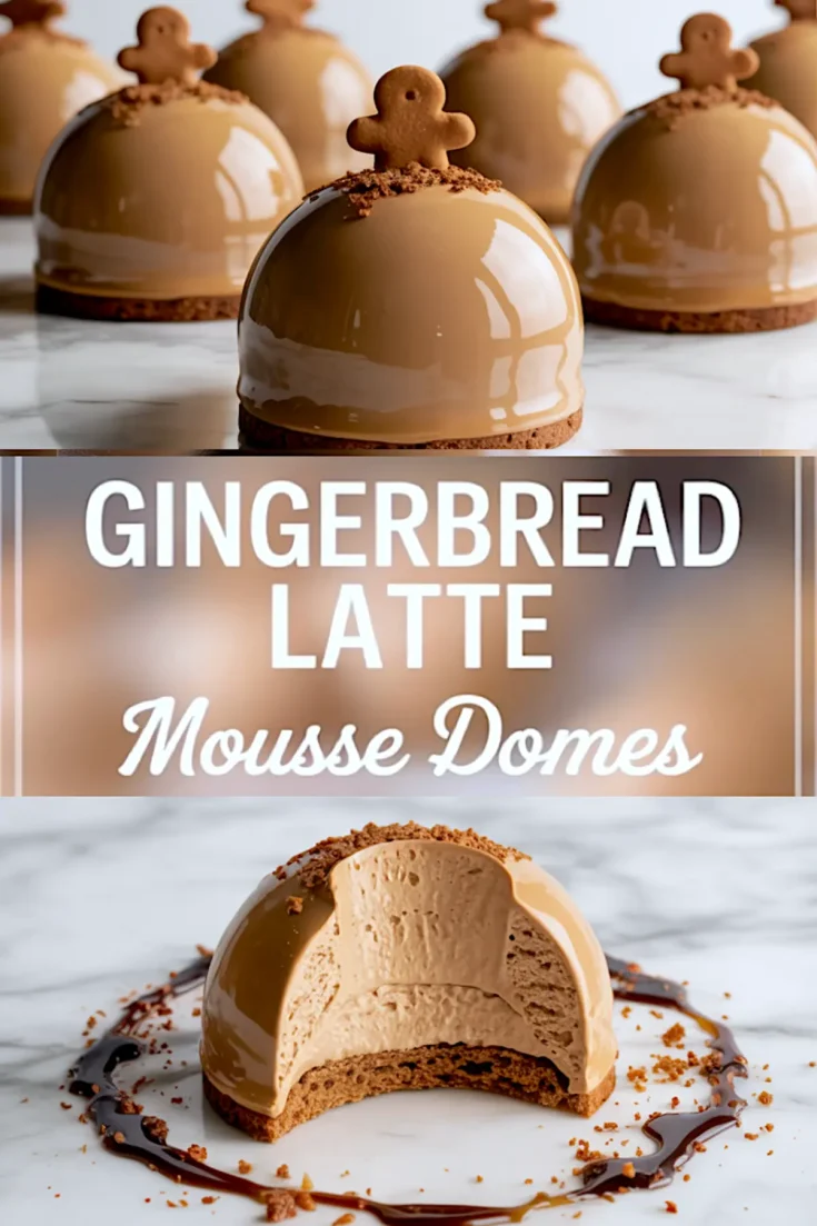 Pinterest collage highlighting glossy gingerbread mousse domes on a marble surface with crumbled cookie topping, a text overlay, and a sliced dome showing smooth mousse filling and cookie base garnished with caramel swirl.
