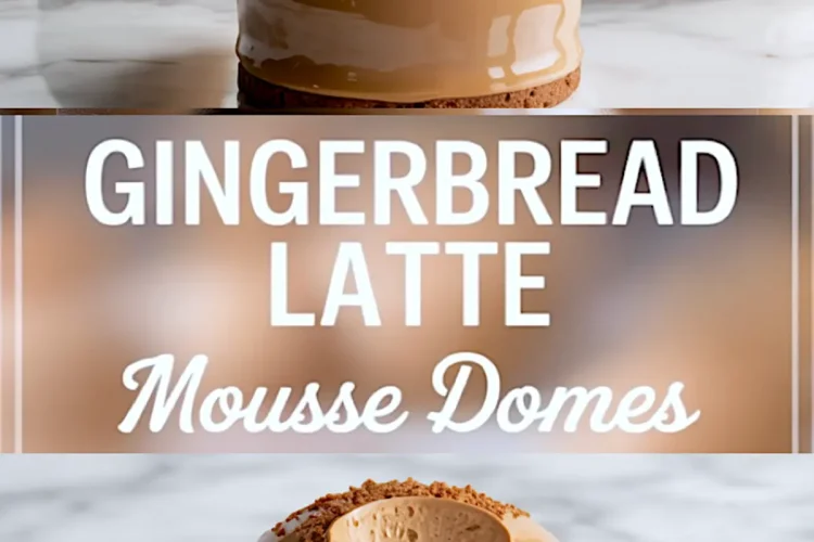 Pinterest collage highlighting glossy gingerbread mousse domes on a marble surface with crumbled cookie topping, a text overlay, and a sliced dome showing smooth mousse filling and cookie base garnished with caramel swirl.