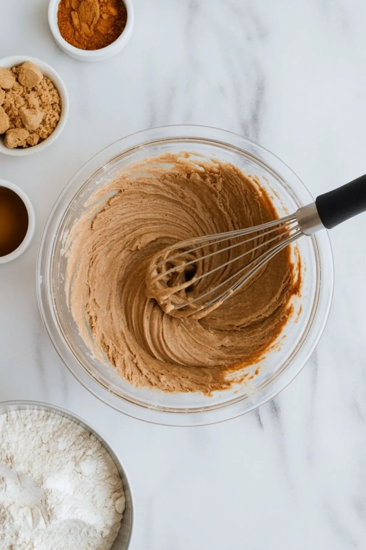 Gingerbread cookie batter in a glass bowl being whisked, surrounded by bowls of flour, brown sugar, vanilla, and ground cinnamon on a marble surface.
