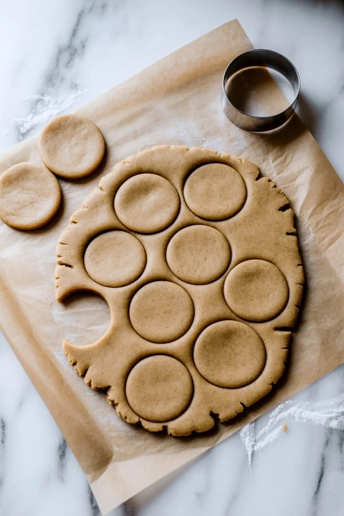 Round gingerbread cookie dough cutouts arranged on parchment paper with a metal cookie cutter on the side, placed on a marble countertop.
