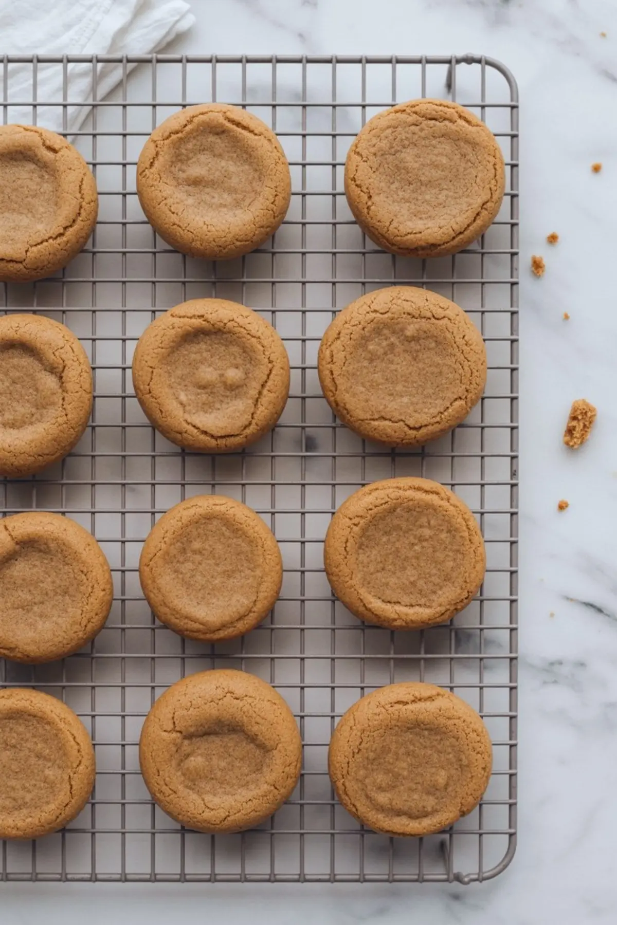 Freshly baked gingerbread cookies cooling on a wire rack, with a soft center and golden brown edges, displayed on a marble surface.
