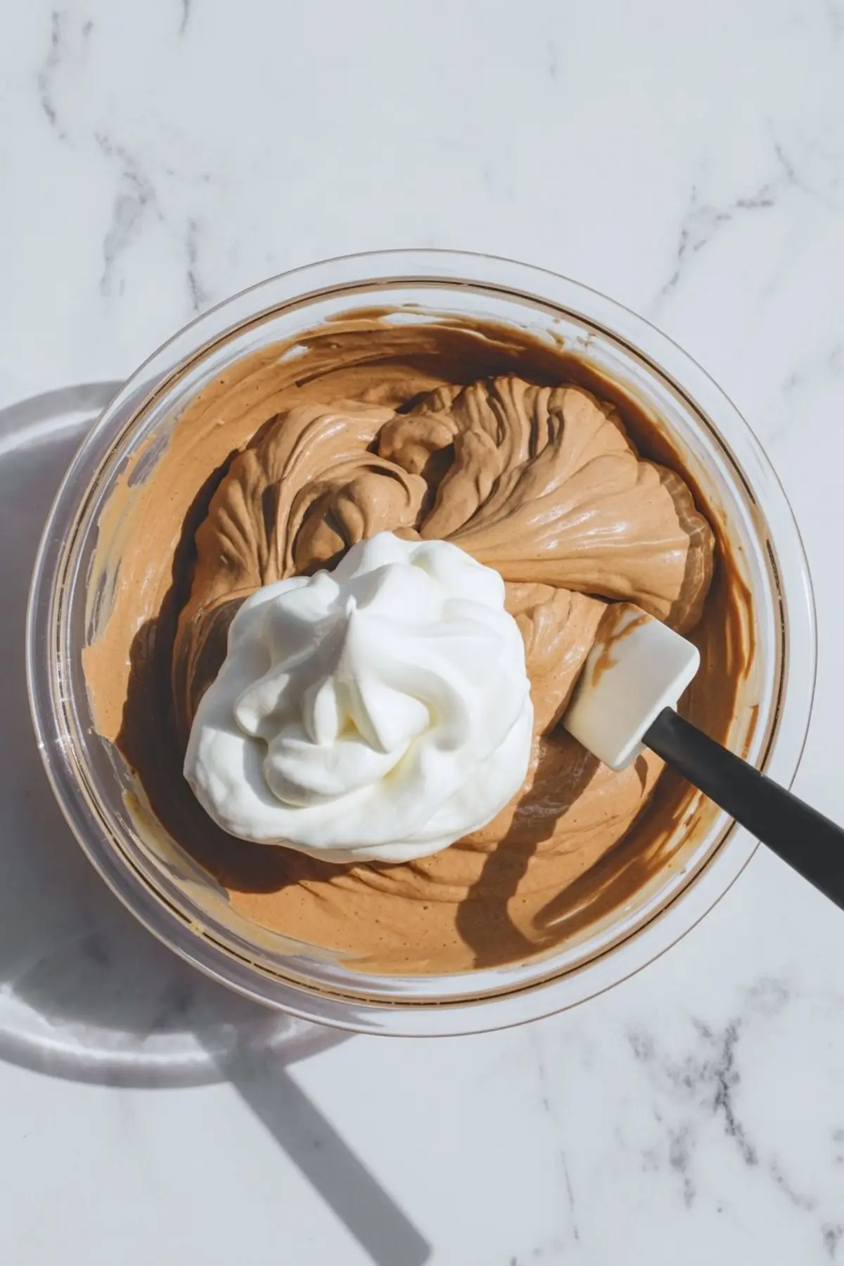 Chocolate gingerbread mousse being folded with whipped cream in a glass mixing bowl using a silicone spatula.
