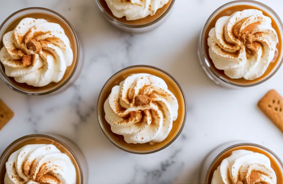 Glass dessert cups filled with gingerbread pudding, each topped with piped whipped cream and a dusting of ground cinnamon.
