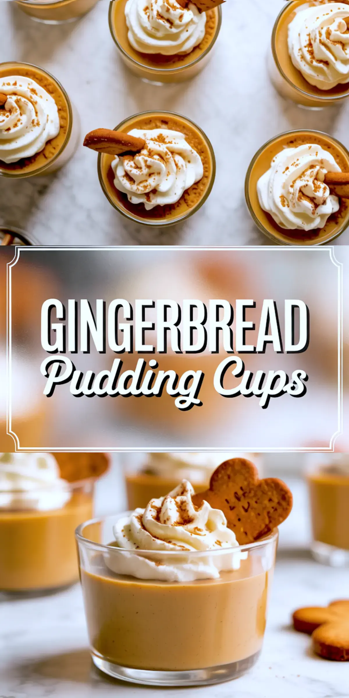 Vertical collage showing gingerbread pudding cups topped with whipped cream and cookies, center-labeled “Gingerbread Pudding Cups” with a styled bottom image of a close-up pudding cup garnished with a heart-shaped gingerbread cookie.
