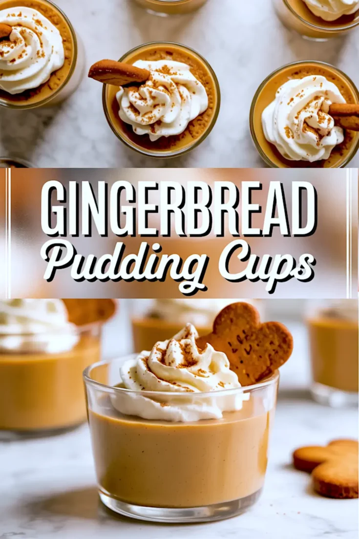 Pinterest-style collage with gingerbread pudding cups decorated with whipped cream and heart-shaped cookies, overlaid with centered text reading “Gingerbread Pudding Cups” and a close-up of the finished dessert at the bottom.