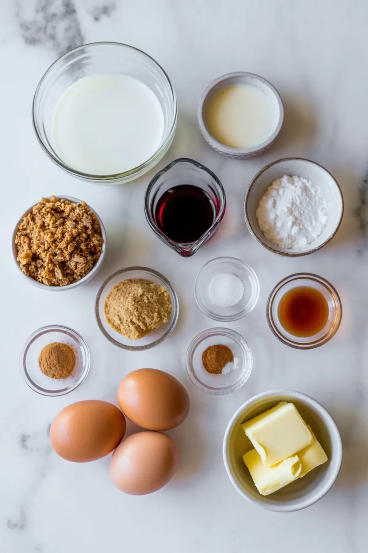 Flat lay of gingerbread pudding ingredients including milk, sweetened condensed milk, brown sugars, eggs, butter, vanilla extract, ground cinnamon, ginger, nutmeg, salt, and cornstarch.
