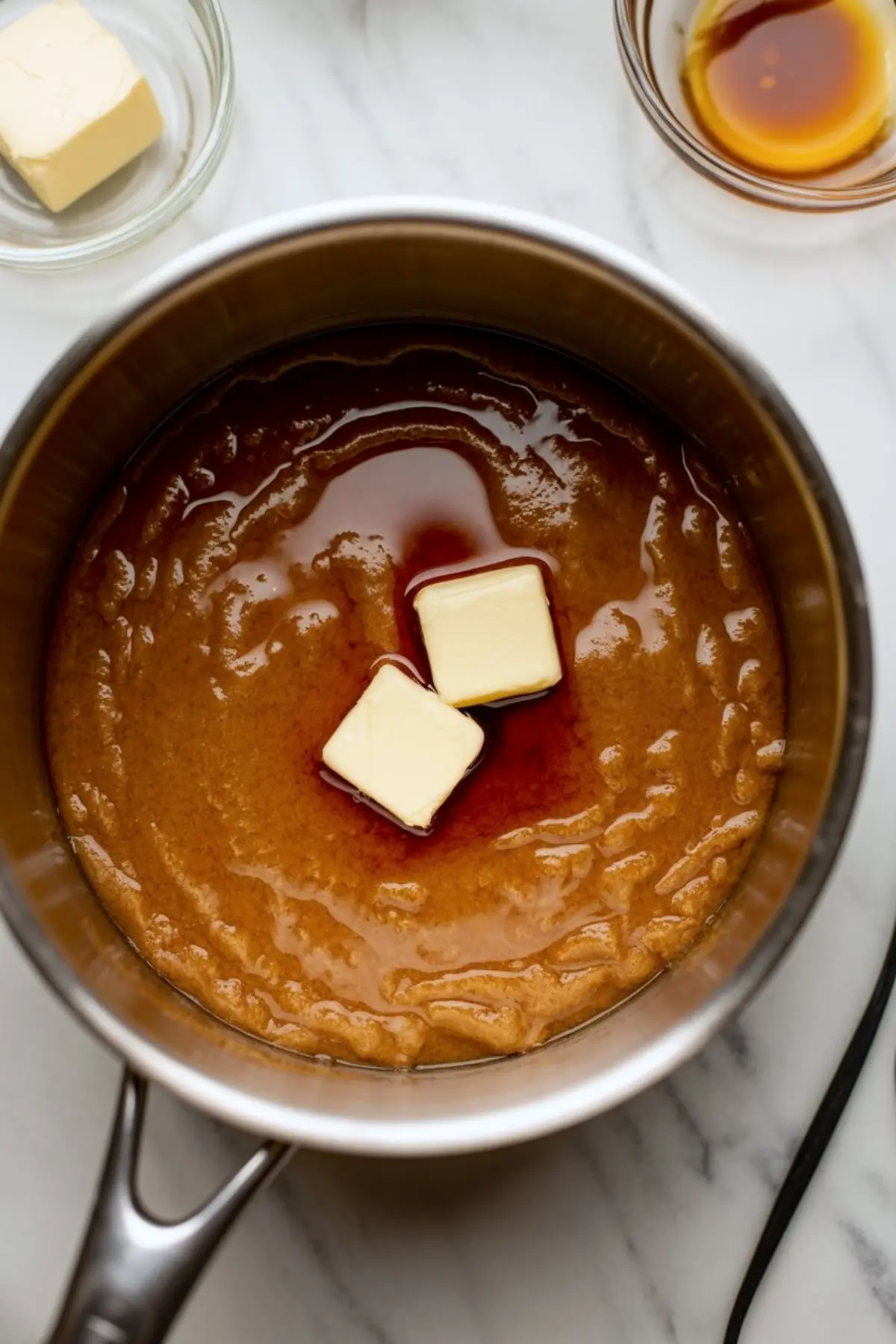 Top view of a saucepan filled with thick gingerbread pudding base, showing two melting butter cubes and vanilla extract pooling on top.
