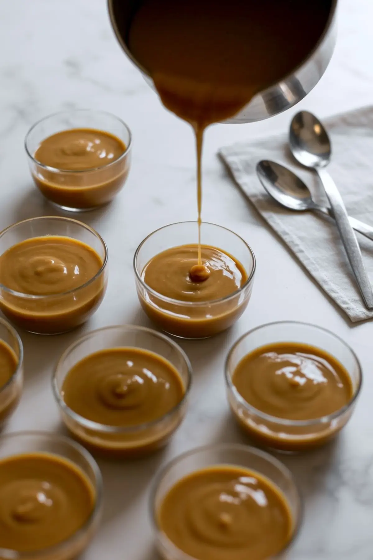 Caramel-colored gingerbread pudding being poured into small glass dessert cups, with filled cups and metal spoons arranged on a marble surface.
