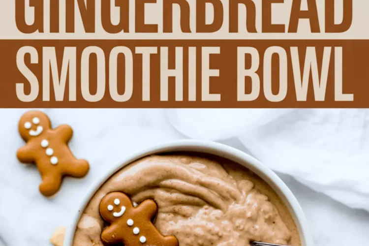 Vertical collage combines close-up shots of a spiced gingerbread smoothie bowl garnished with mini gingerbread men and cinnamon crumble, divided by large text stating “Gingerbread Smoothie Bowl.”