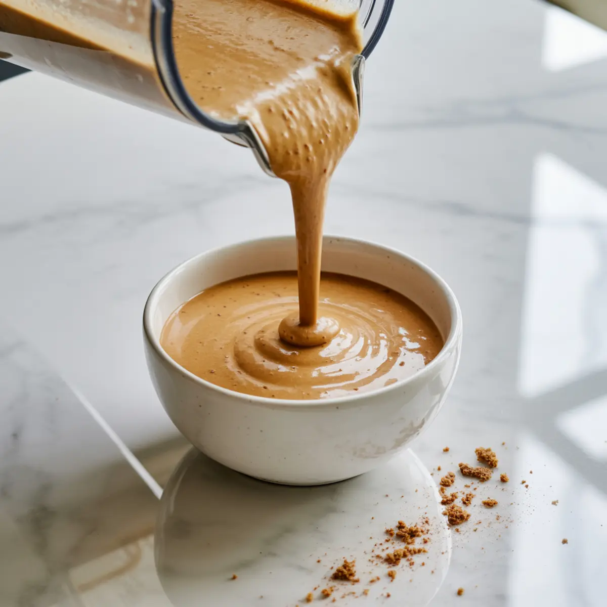 Blender pours thick gingerbread smoothie into a white ceramic bowl on a marble countertop, cinnamon cookie crumbs resting nearby for a festive breakfast.