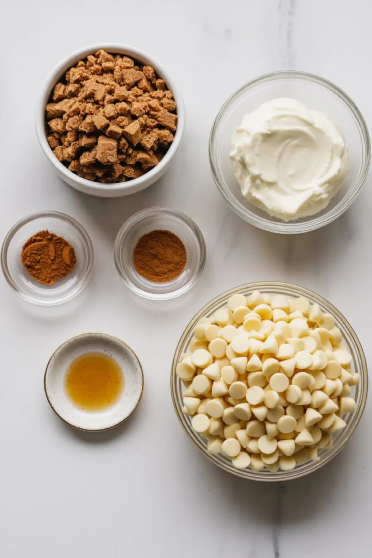 Flat lay of gingerbread truffle ingredients including crushed ginger cookies, cream cheese, white chocolate chips, vanilla extract, cinnamon, and ground ginger in small glass bowls.
