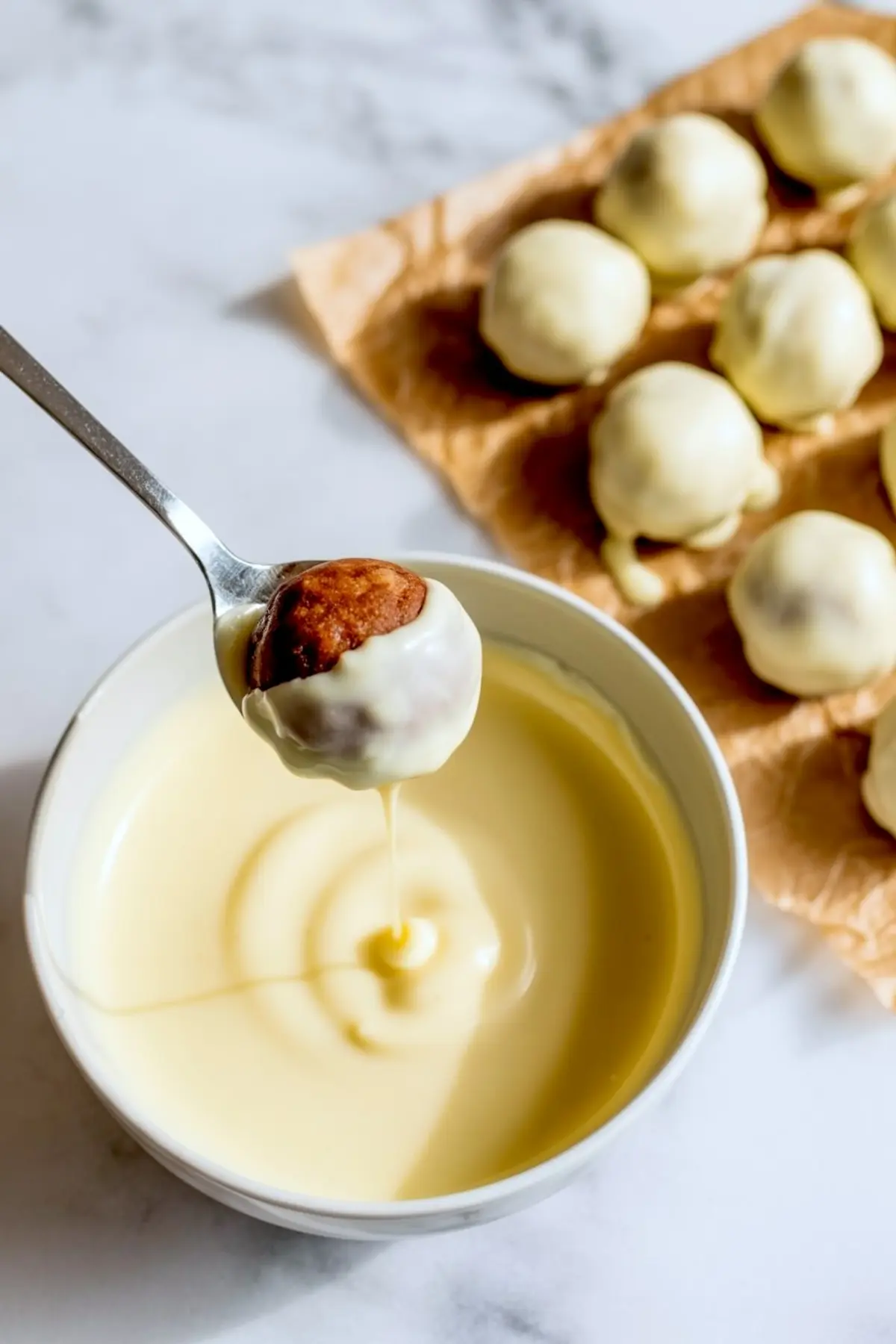 A spoon dipping a gingerbread truffle into melted white chocolate, with finished truffles set on parchment paper in the background.

