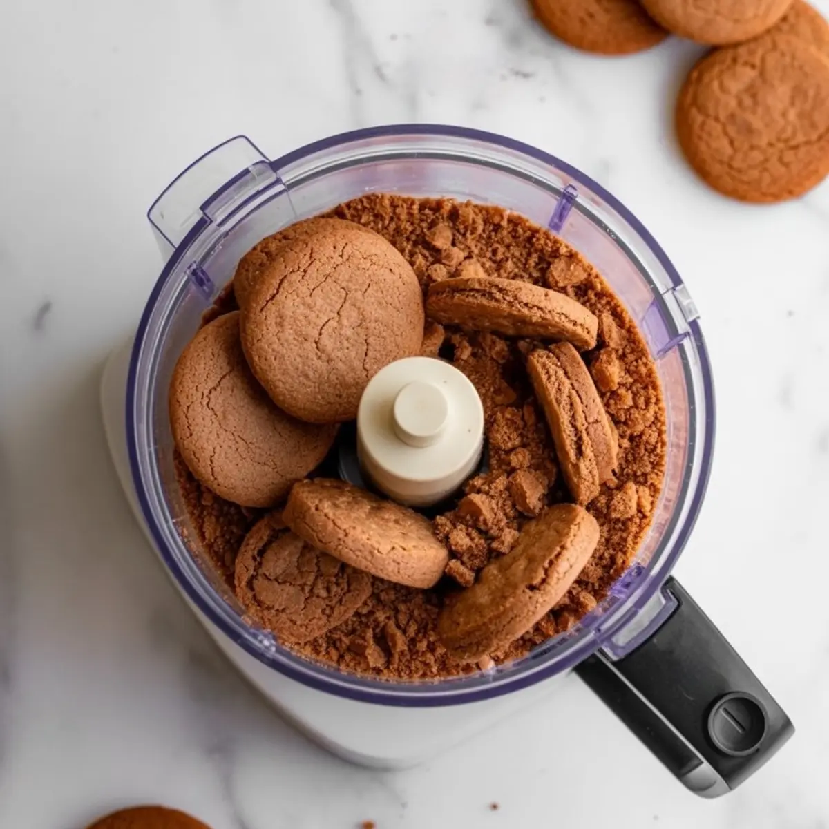 Overhead view of a food processor filled with whole and crushed ginger cookies, resting on a marble countertop.
