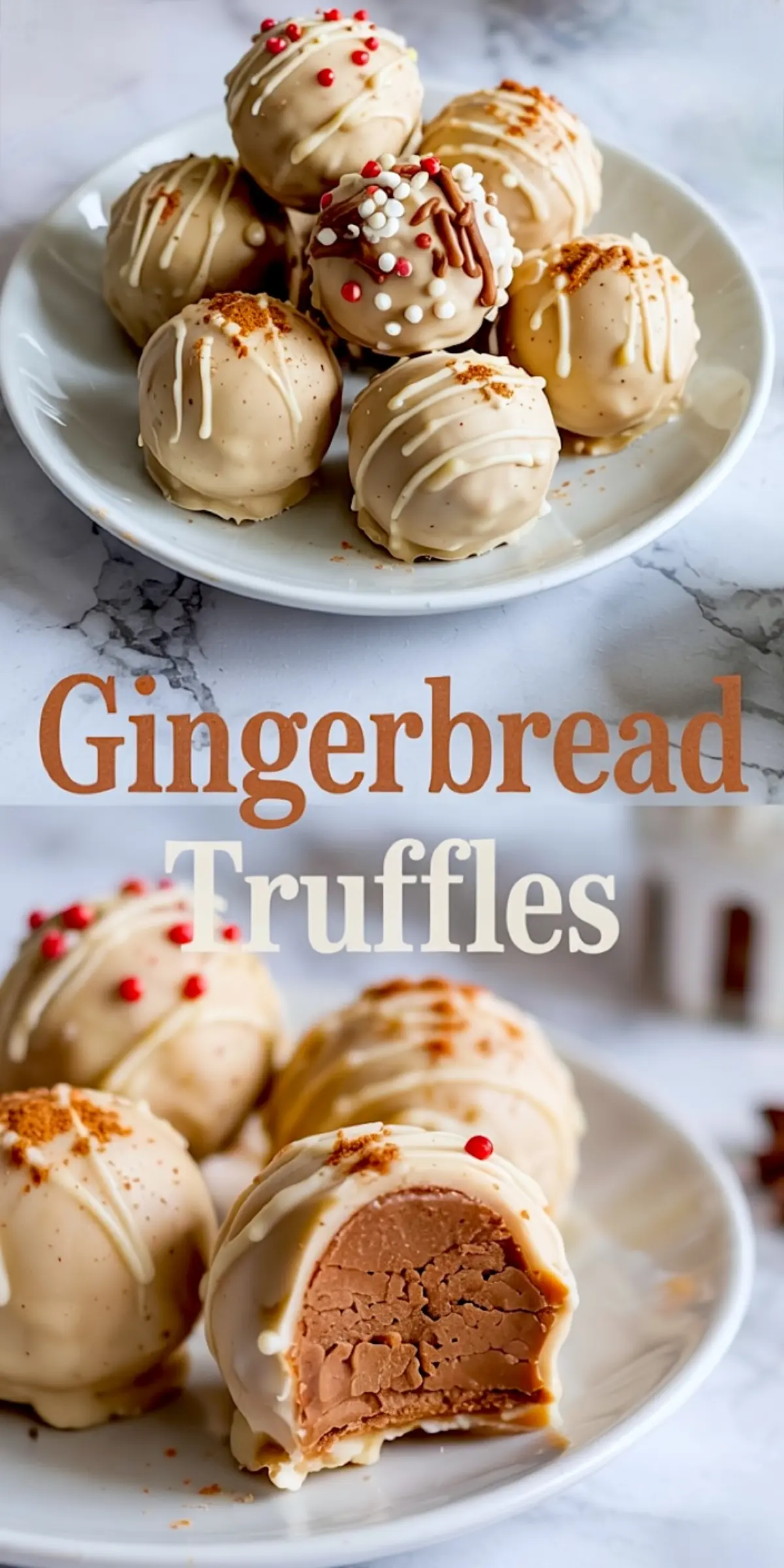 Gingerbread truffles coated in white chocolate, decorated with red and white sprinkles, crushed cookies, and drizzled icing, served on a white plate with a cross-section showing a dense, spiced filling.
