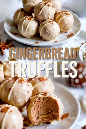 White chocolate-coated gingerbread truffles displayed on a white plate, topped with cinnamon and drizzled with melted white chocolate, with a close-up showing the spiced, creamy interior of one truffle.