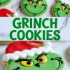 Decorated Grinch cookies shaped like the Grinch’s face with green icing, red Santa hats, and detailed black icing lines arranged on a white background.
