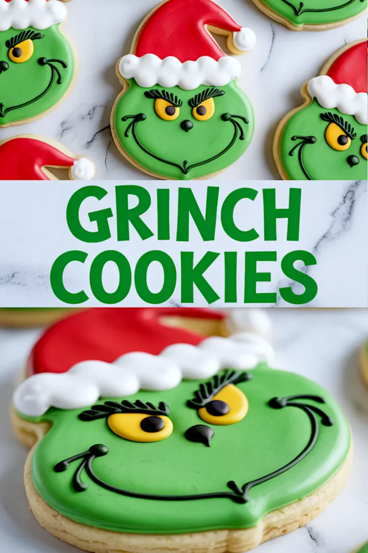 Decorated Grinch cookies shaped like the Grinch’s face with green icing, red Santa hats, and detailed black icing lines arranged on a white background.