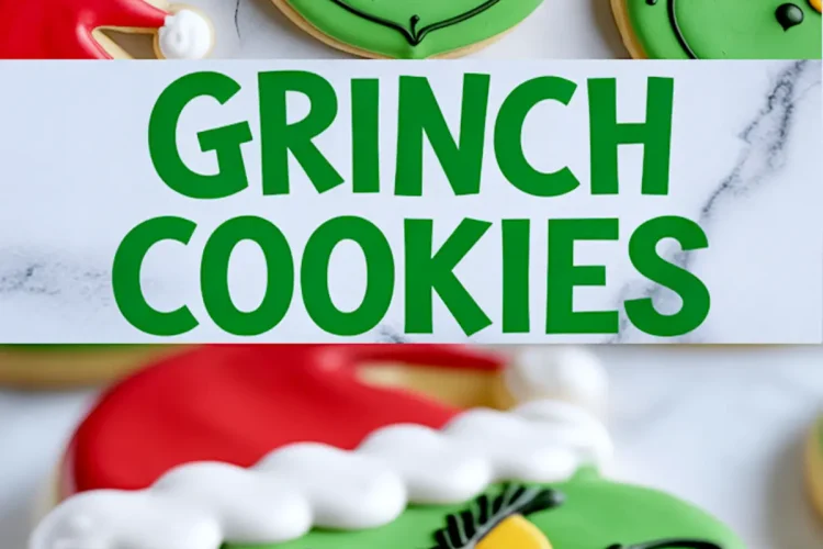 Decorated Grinch cookies shaped like the Grinch’s face with green icing, red Santa hats, and detailed black icing lines arranged on a white background.
