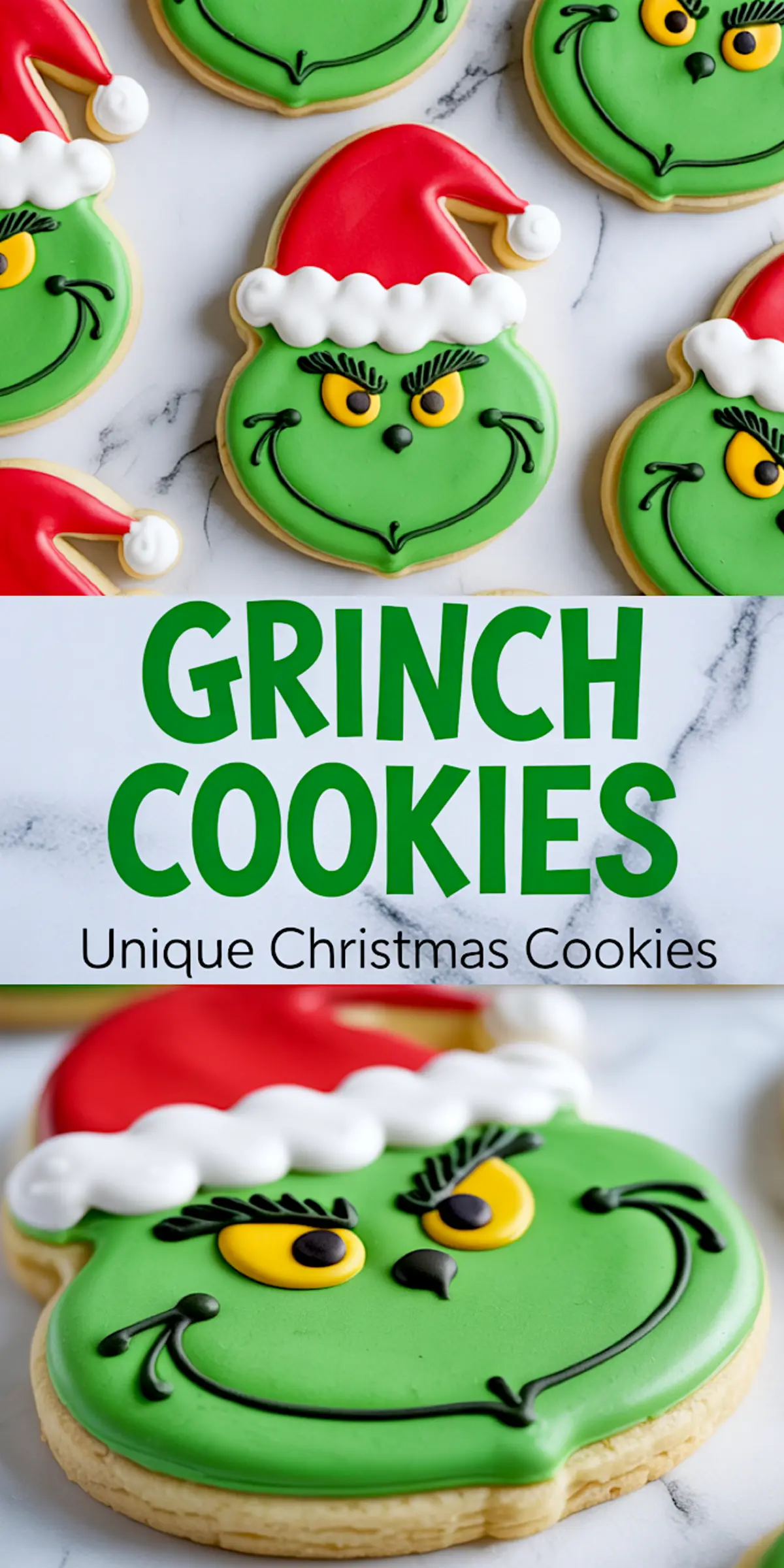 Collage image of decorated Grinch Christmas cookies arranged on marble background with text overlay reading “Grinch Cookies Unique Christmas Cookies” in green and red.