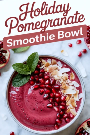 Holiday pomegranate smoothie bowl with a rich red base topped with glossy pomegranate seeds, toasted coconut flakes, and fresh mint, displayed under a tilted recipe title.