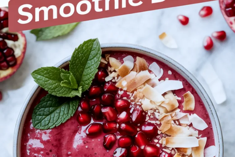 Holiday pomegranate smoothie bowl with a rich red base topped with glossy pomegranate seeds, toasted coconut flakes, and fresh mint, displayed under a tilted recipe title.