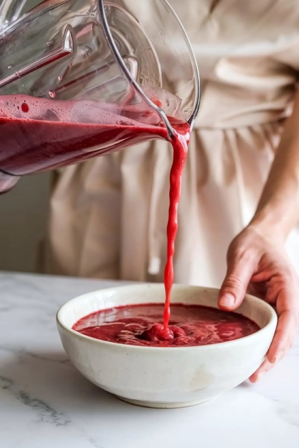 Deep red berry smoothie being poured from a blender into a white bowl held by hand, with thick texture visible in the swirl.
