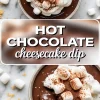 Collage showing hot chocolate cheesecake dip with whipped topping, mini marshmallows, and cocoa powder. The second image highlights a graham cracker scooping into the rich chocolate dessert. White marble surface is sprinkled with crumbs and marshmallows.