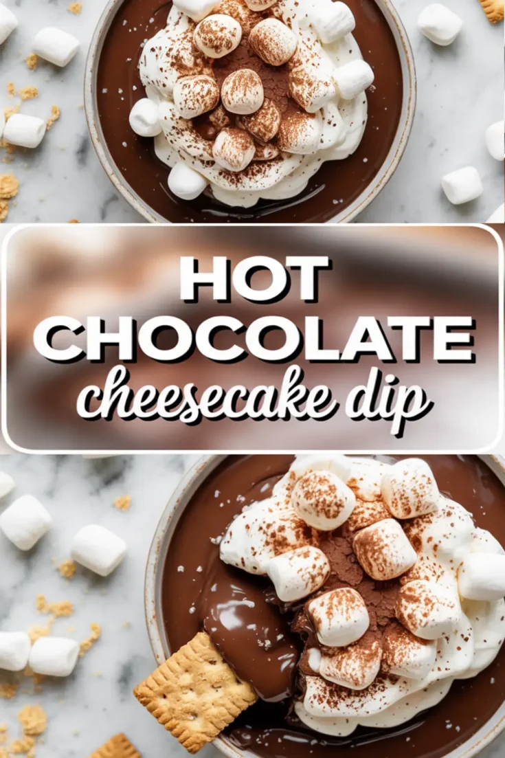 Collage showing hot chocolate cheesecake dip with whipped topping, mini marshmallows, and cocoa powder. The second image highlights a graham cracker scooping into the rich chocolate dessert. White marble surface is sprinkled with crumbs and marshmallows.