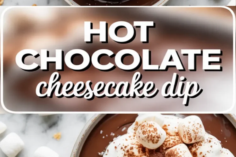 Collage showing hot chocolate cheesecake dip with whipped topping, mini marshmallows, and cocoa powder. The second image highlights a graham cracker scooping into the rich chocolate dessert. White marble surface is sprinkled with crumbs and marshmallows.