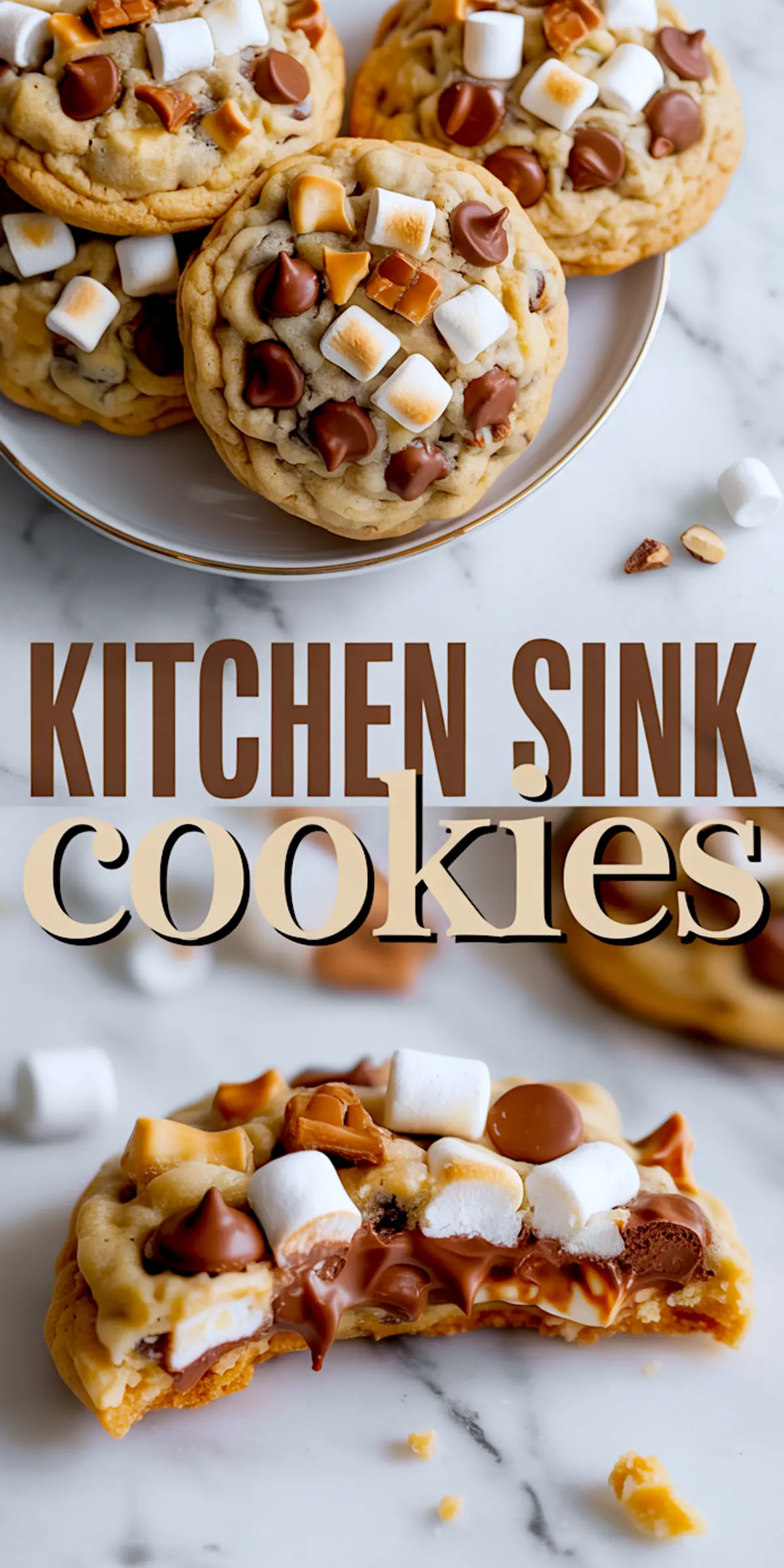 Collage showing a close-up of baked kitchen sink cookies with marshmallows, caramel bits, and chocolate chips, and a gooey cookie cross-section with melted chocolate and toasted toppings.