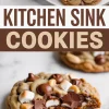 Collage showing a plate of kitchen sink cookies topped with marshmallows, peanut butter chips, and chocolate candies, and a bitten cookie revealing melted chocolate and caramel inside.