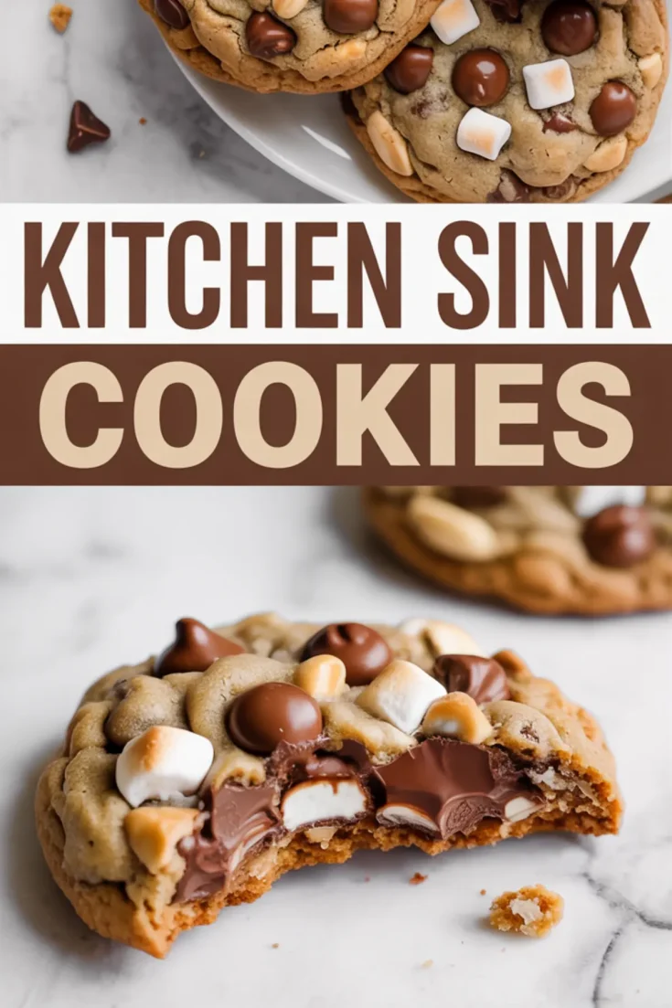Collage showing a plate of kitchen sink cookies topped with marshmallows, peanut butter chips, and chocolate candies, and a bitten cookie revealing melted chocolate and caramel inside.