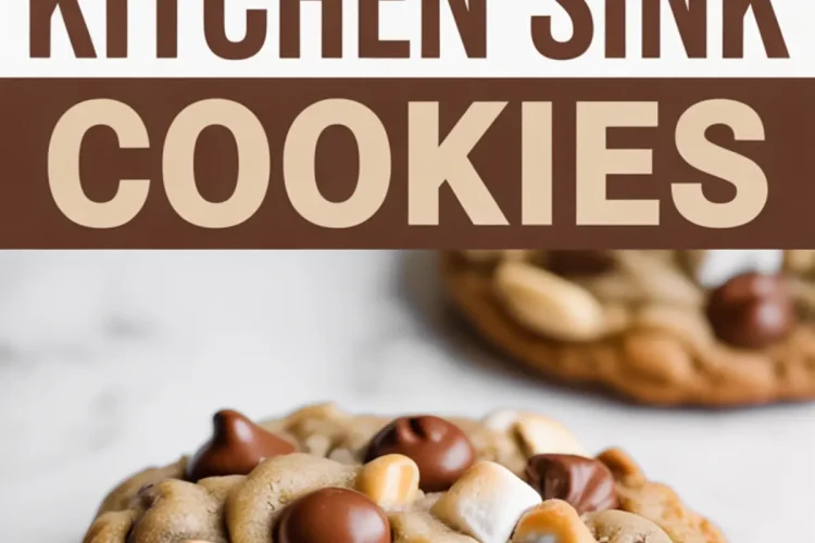 Collage showing a plate of kitchen sink cookies topped with marshmallows, peanut butter chips, and chocolate candies, and a bitten cookie revealing melted chocolate and caramel inside.