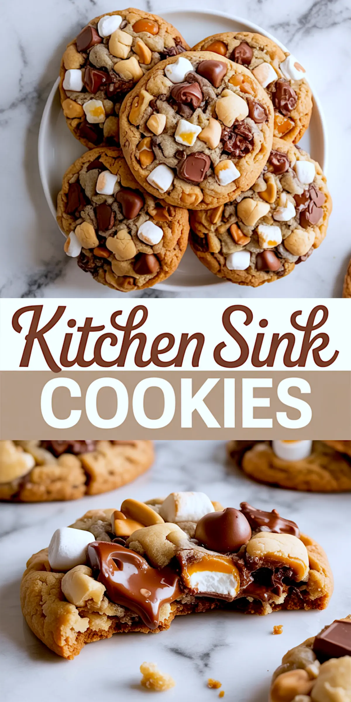 Collage of kitchen sink cookies stacked on a white plate and a close-up of a cookie cross-section with melted chocolate, marshmallows, and caramel pieces on a marble surface.